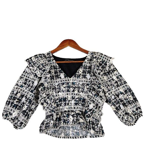 En Saison Tops - En Saison Alessandra Top Women's XS Black White Floral Eyelet Embroidered Ruffle